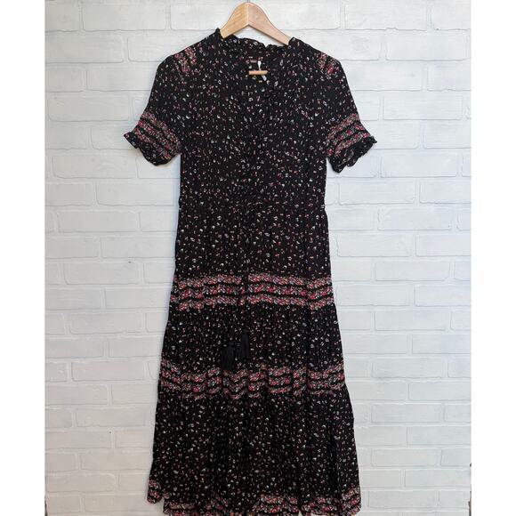Free People Rare Feelings Boho Maxi Dress Black Floral Tassels sz XS - Picture 1 of 7